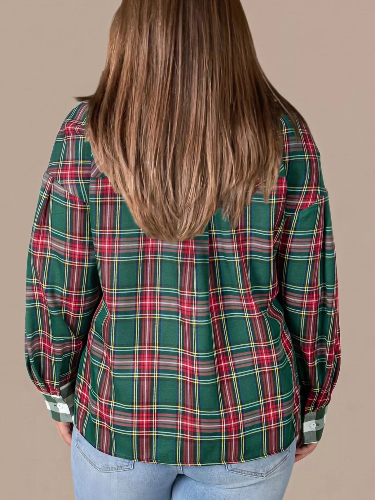 Plus Size Plaid Long Sleeve Shift Shirt - Dark Green - View 2