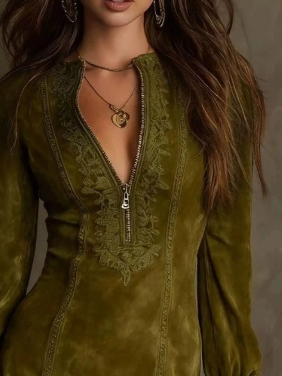 Full Size Zip-Front Long Sleeve Mini Dress Plus Size - Olive Green - View 2