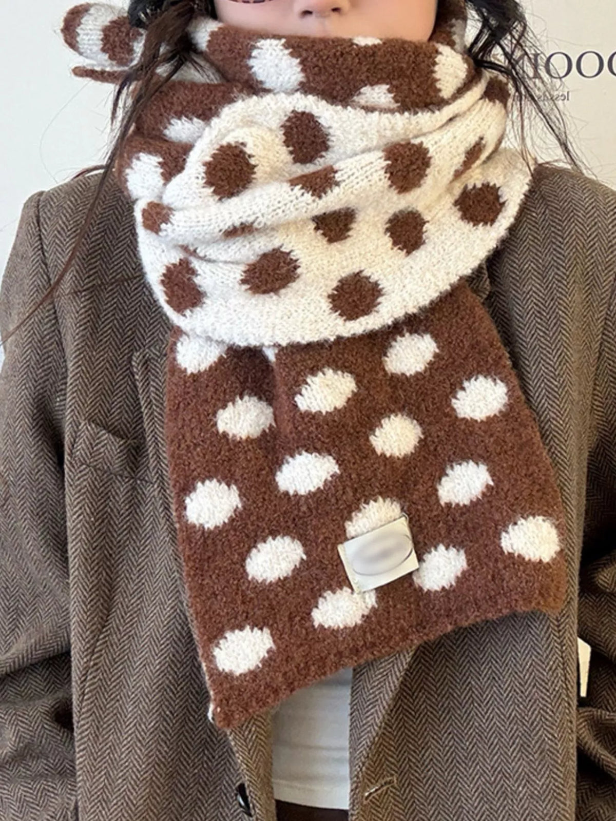 Polka Dot Knitted Scarf - Brown - View 3