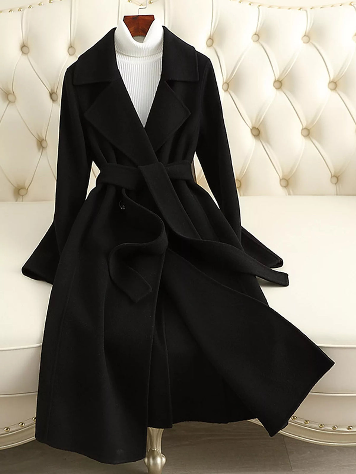 Longline Wool Coat with Waist-Defining Belt - Black - View 1