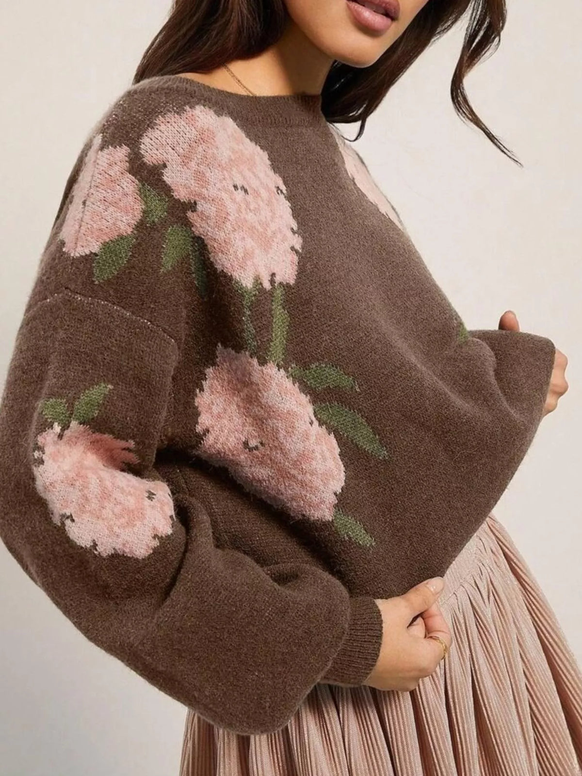 Floral Pattern Dropped Shoulder Sweater - Coffee Brown - View 7