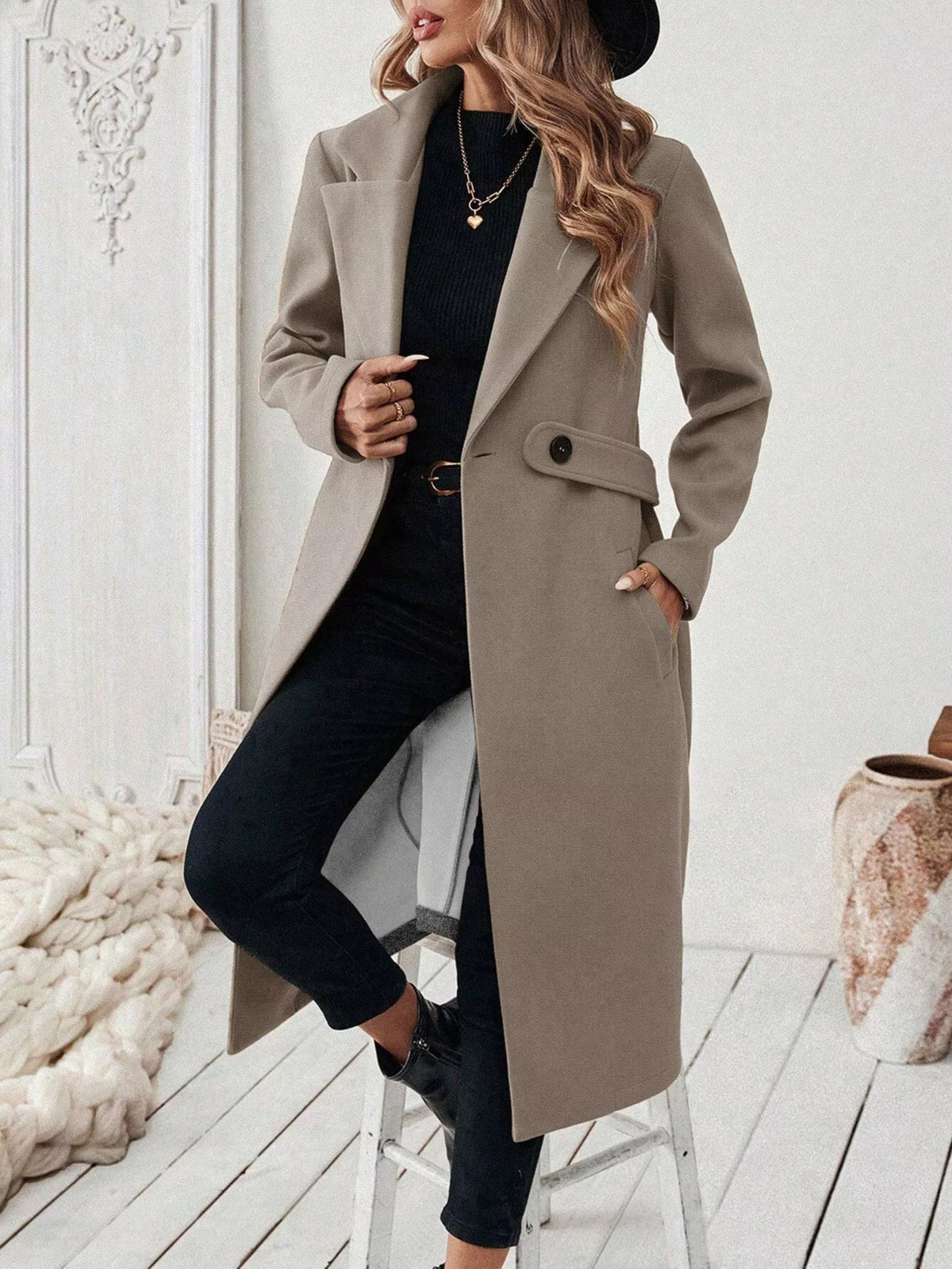 Lapel Collar Longline Coat - Khaki - View 2