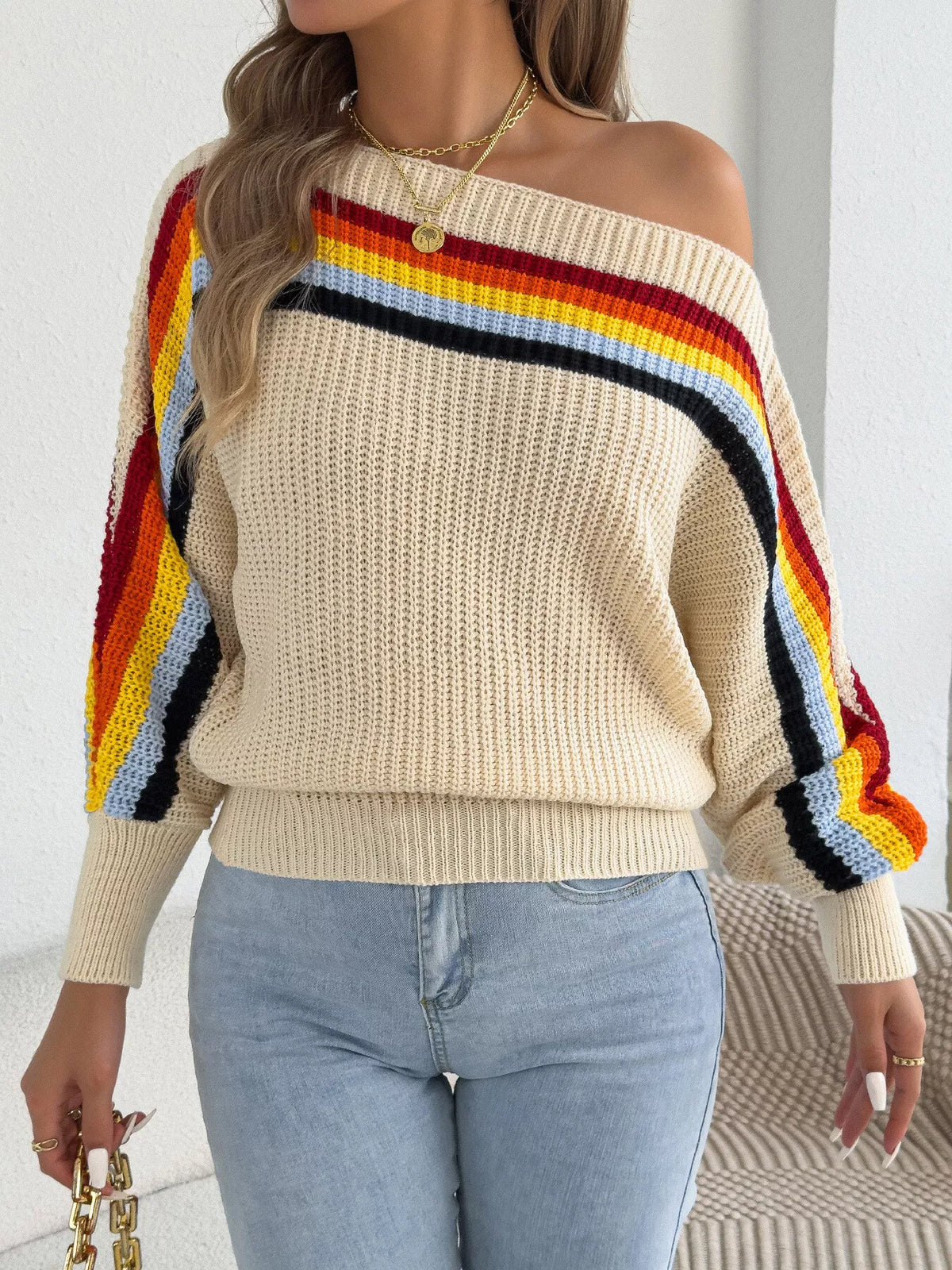 Striped Knit Boat Neck Sweater - All Colors - View 1