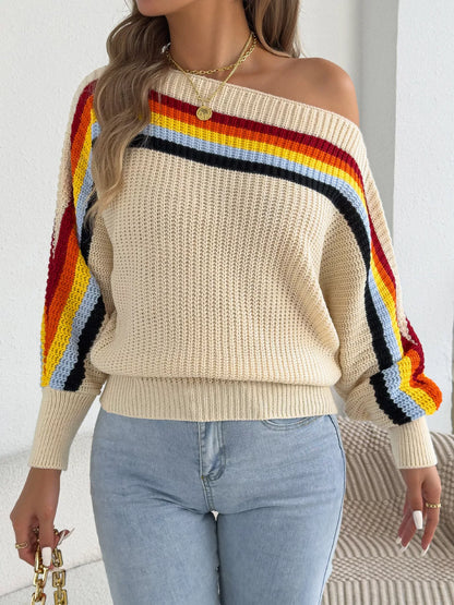 Striped Knit Boat Neck Sweater - All Colors - View 1