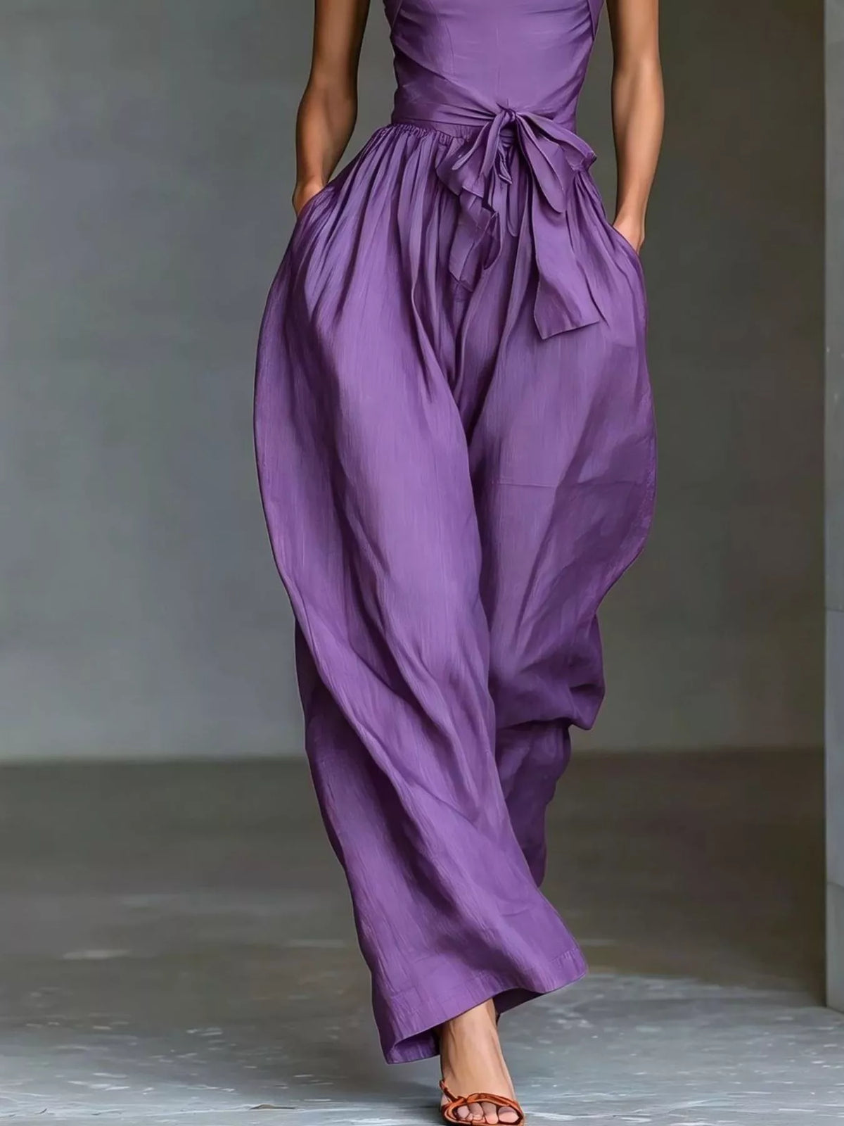 Halter Neck Wide-Leg Jumpsuit with Waist-Tie Detail - Purple - View 3