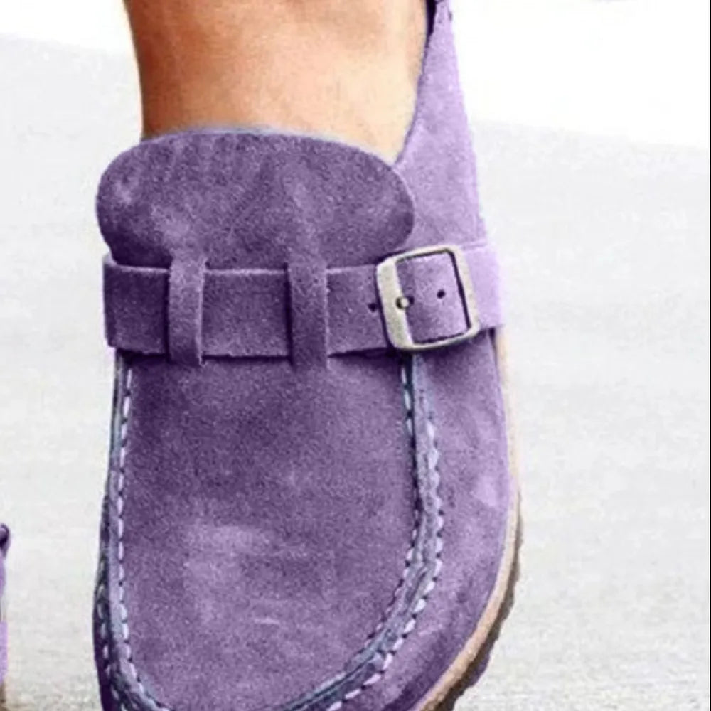 Round Toe Low Heel Buckle Loafers - Purple - View 7