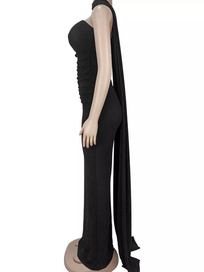Slit Glitter Tube Maxi Dress with Scarf - Black - View 8