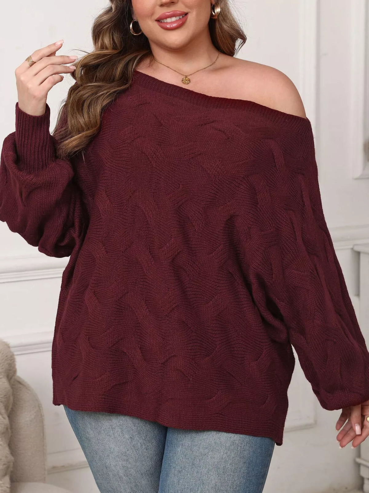 Plus Size Off-Shoulder Long Sleeve Sweater - Burgundy - View 6