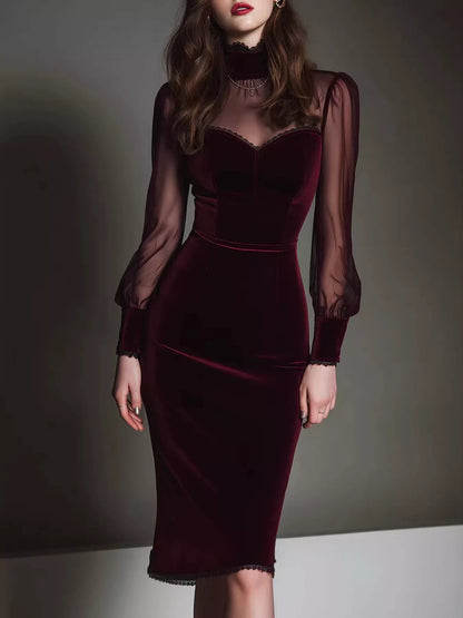 Velvet Bodycon Dress with Sheer Mesh Sleeves - Burgundy - View 1