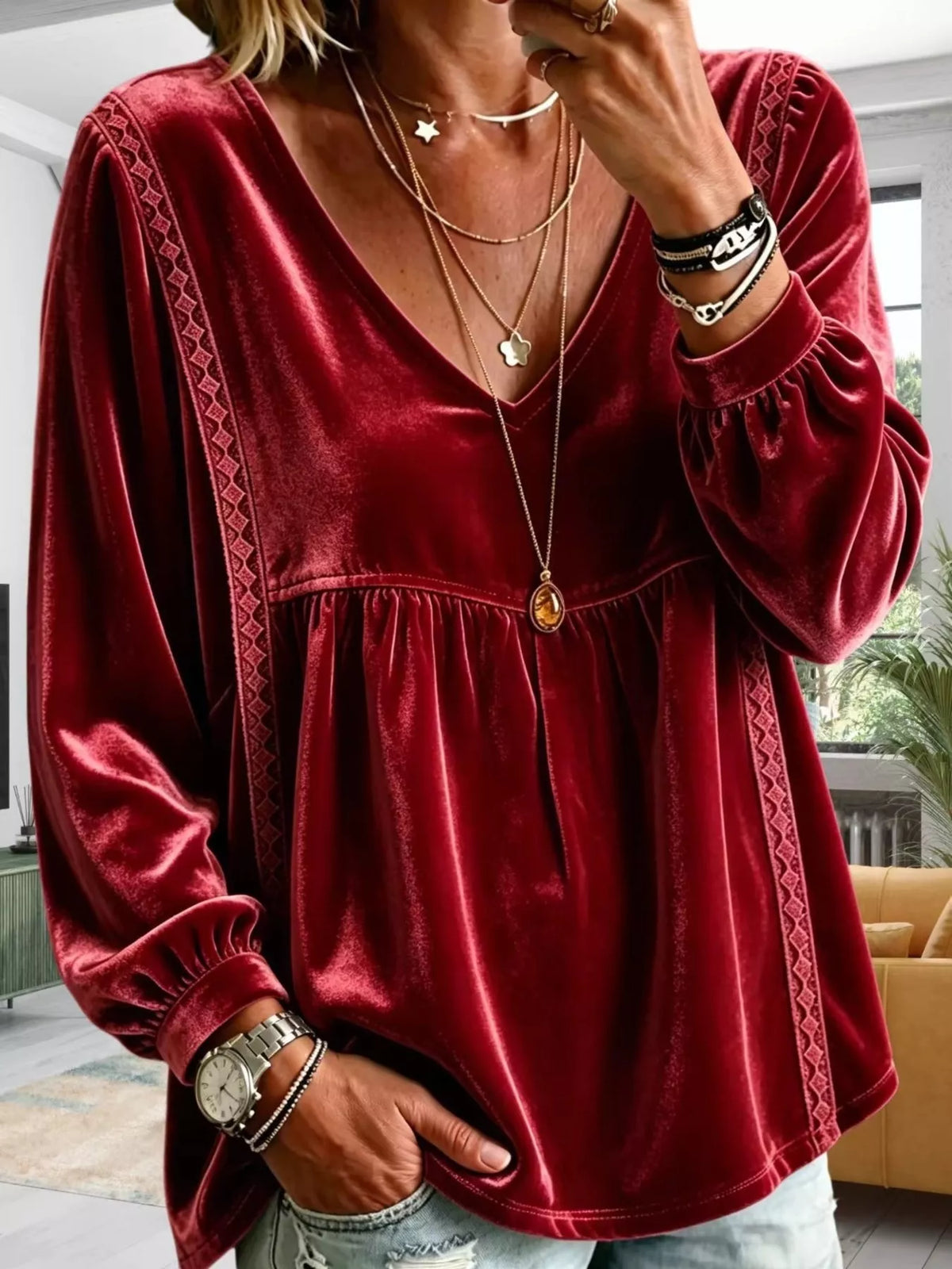 Full Size Velvet Lace Detail V-Neck Blouse Plus Size - Burgundy - View 17