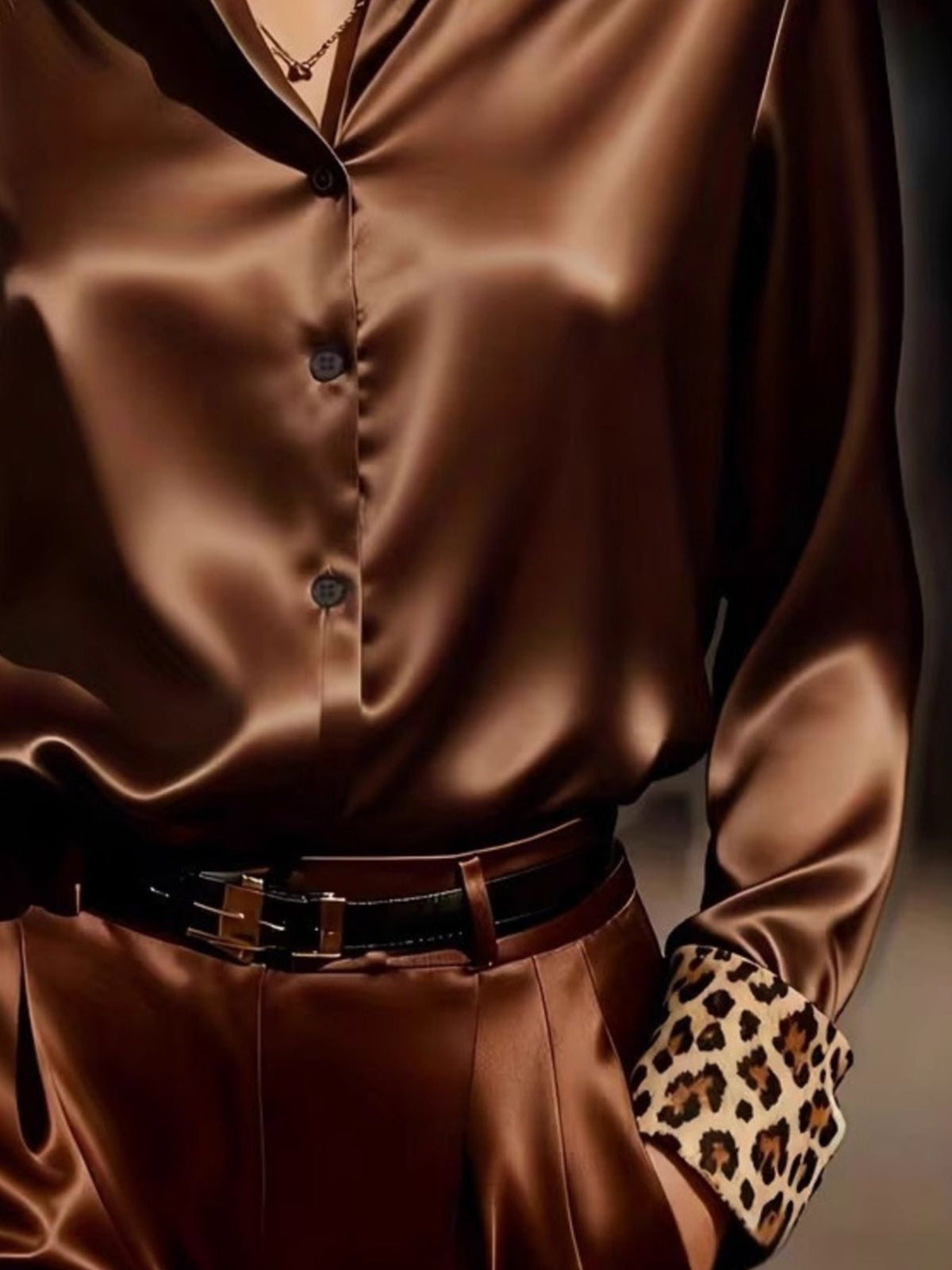 Leopard Button Up Long Sleeve Shirt - Brown - View 2