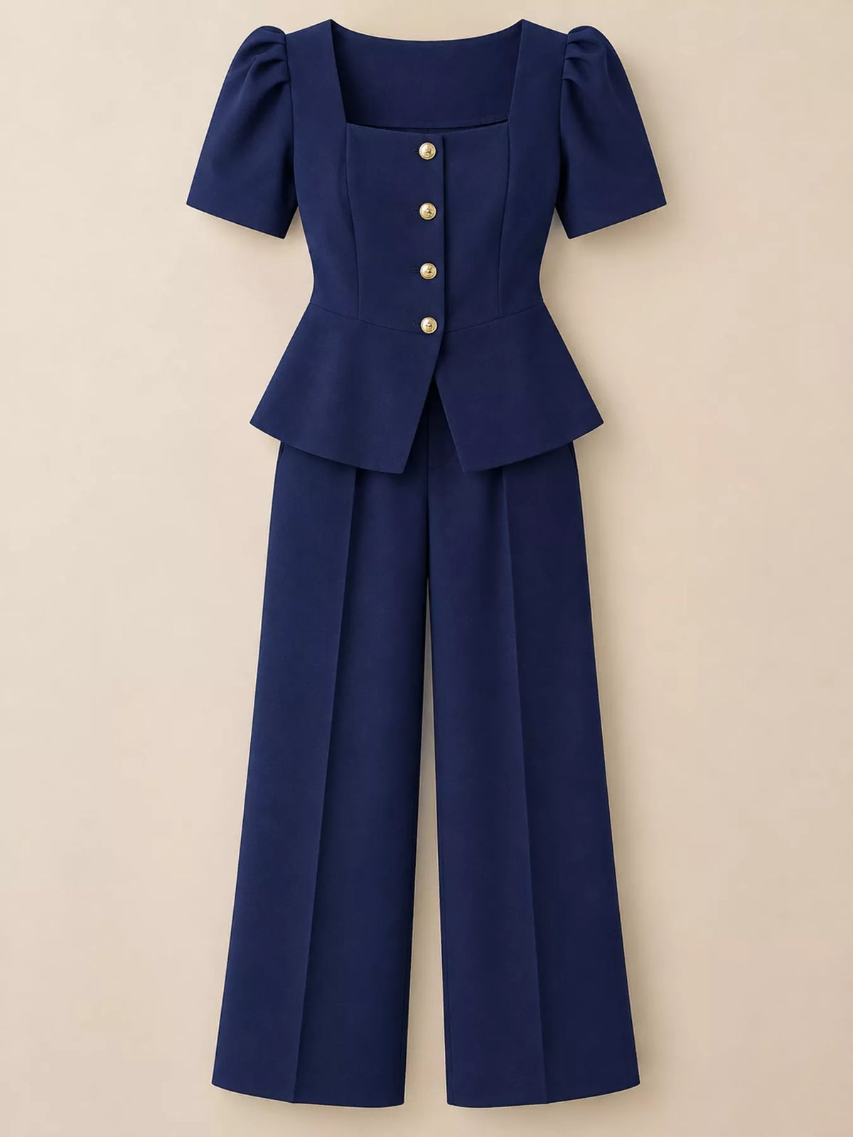 Plus Size Peplum Top and Wide-Leg Pants Two-Piece Set - Navy - View 13