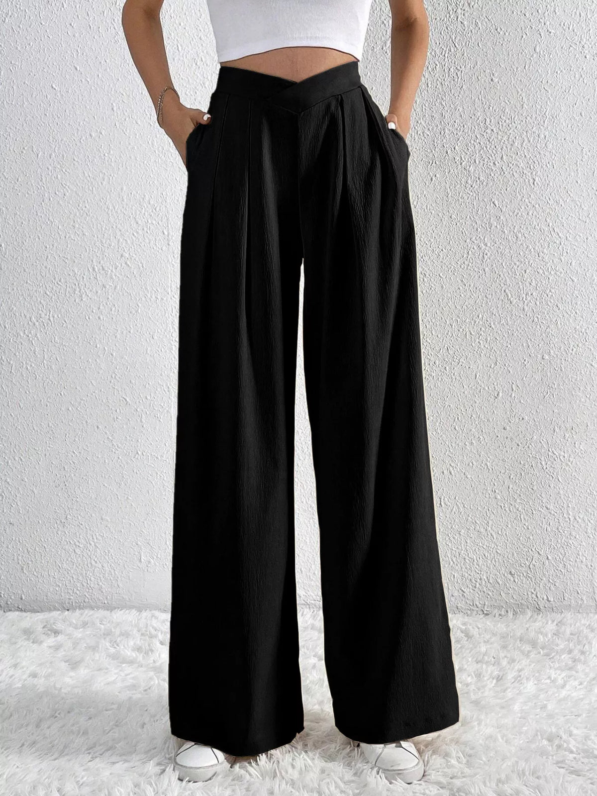Pleated Wide Leg Pants - Black - View 4