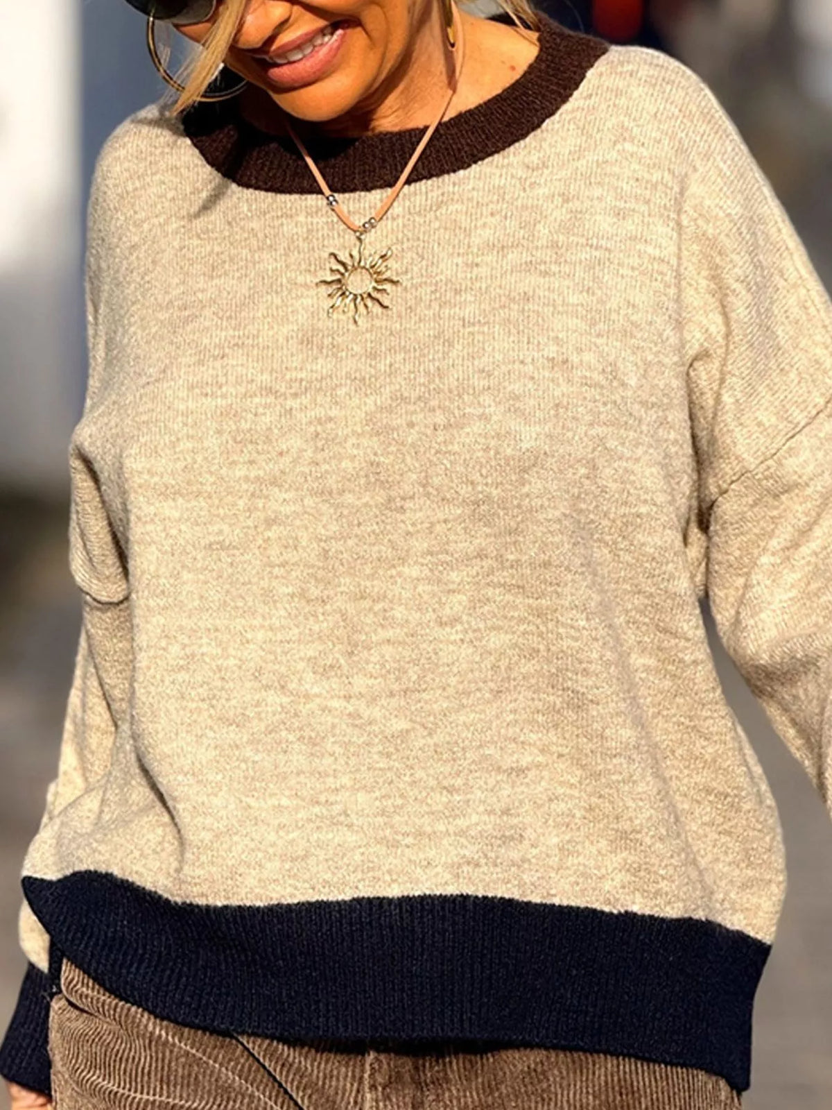 Contrast Trim Crew Neck Sweater - Coffee Brown - View 3