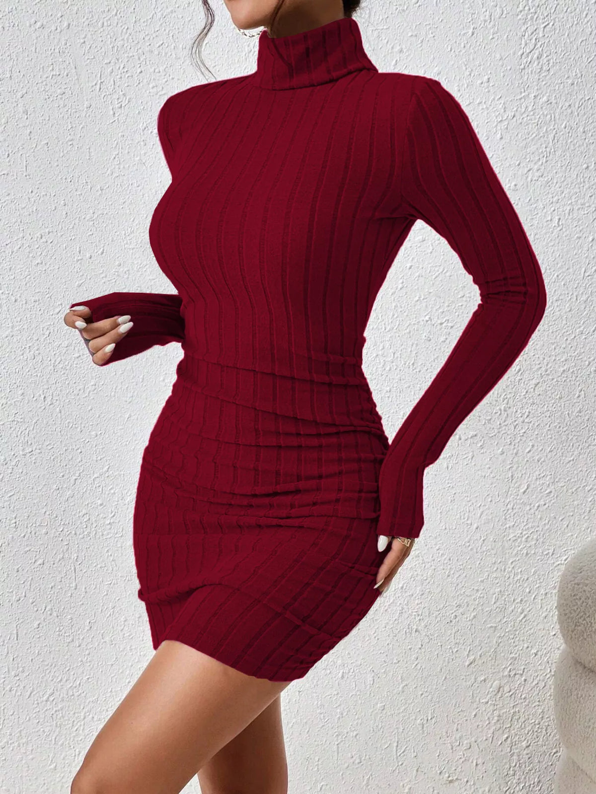 Turtleneck Ribbed Bodycon Knit Dress - Wine Red - View 2