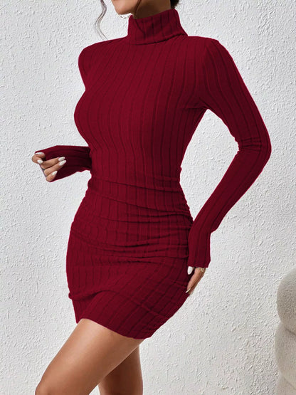 Turtleneck Ribbed Bodycon Knit Dress - Wine Red - View 2