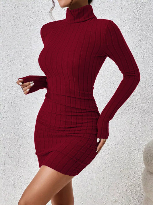 Turtleneck Ribbed Bodycon Knit Dress - Wine Red - View 2