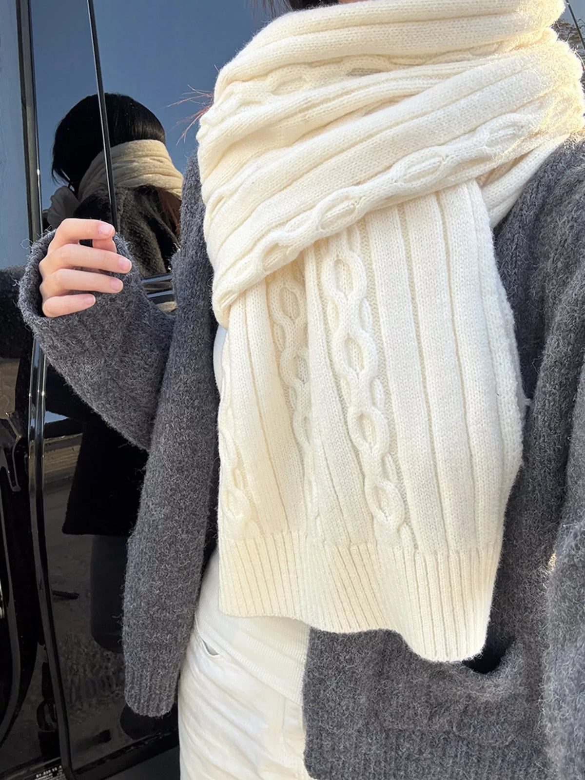 Textured Knit Winter Scarf - White - View 7
