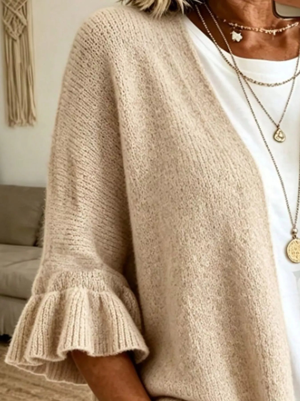 Full Size Ruffle Sleeve Open-Front Cardigan Plus Size - Cream - View 13