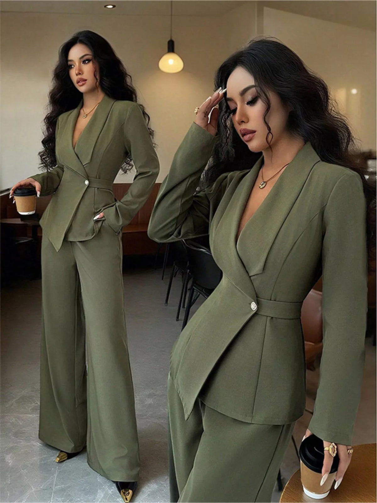 One Button Blazer and Pants Set - Green - View 9