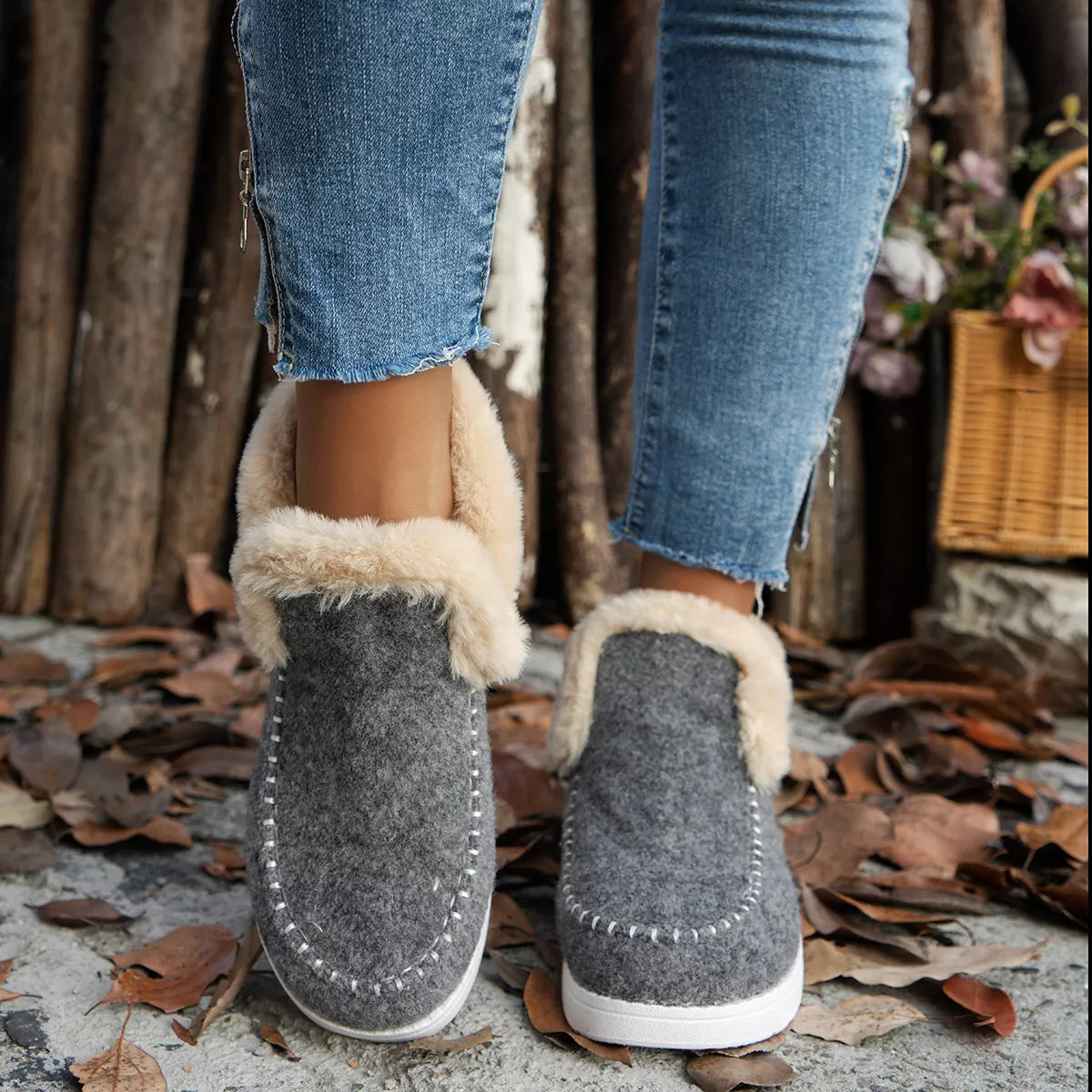Round Toe Winter Ankle Boots - Dark Gray - View 5
