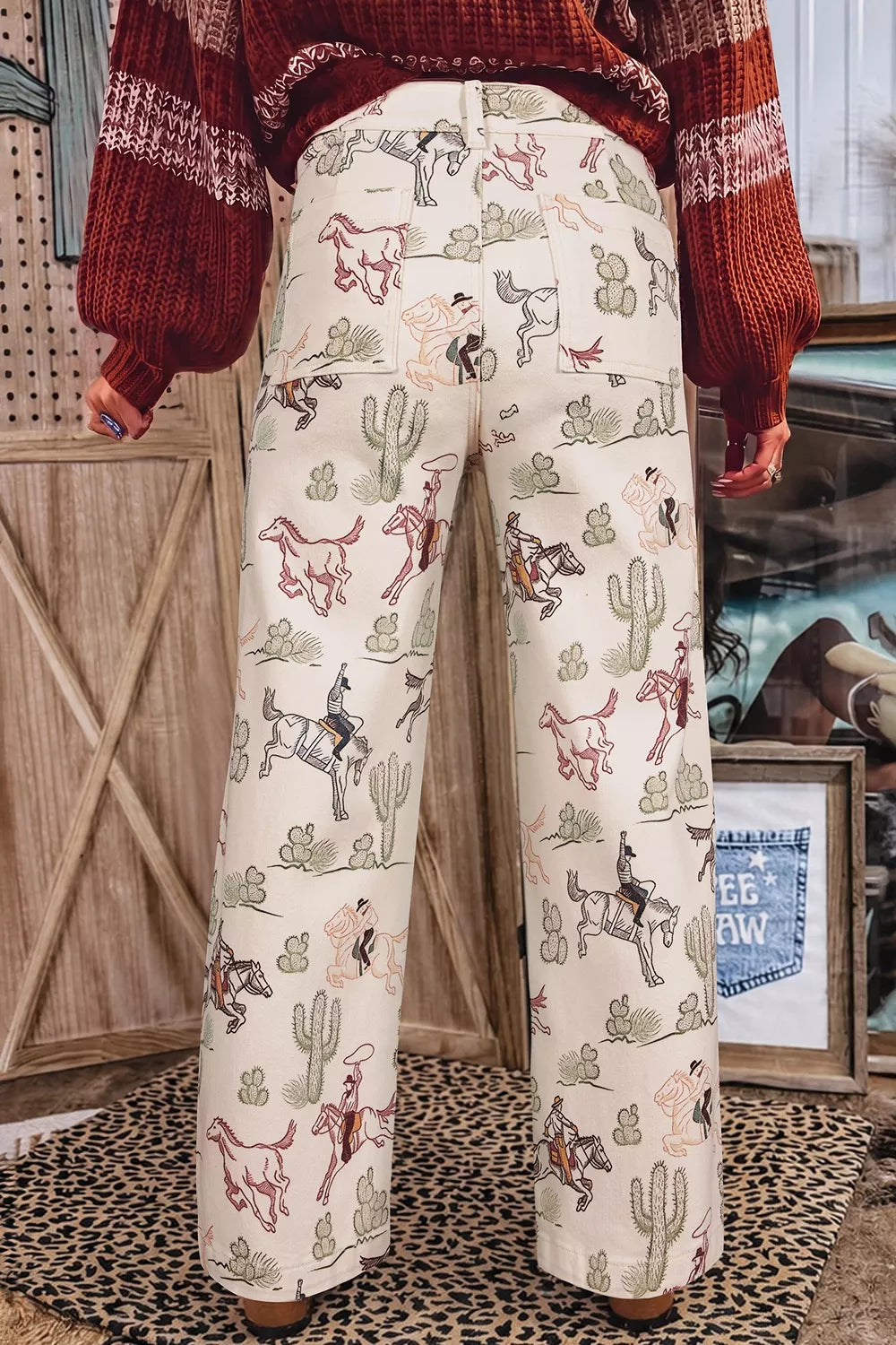 Western Print Straight Leg Ankle-Length Pocket Jeans - Beige - View 2