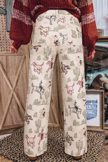 Western Print Straight Leg Ankle-Length Pocket Jeans - Beige - View 2