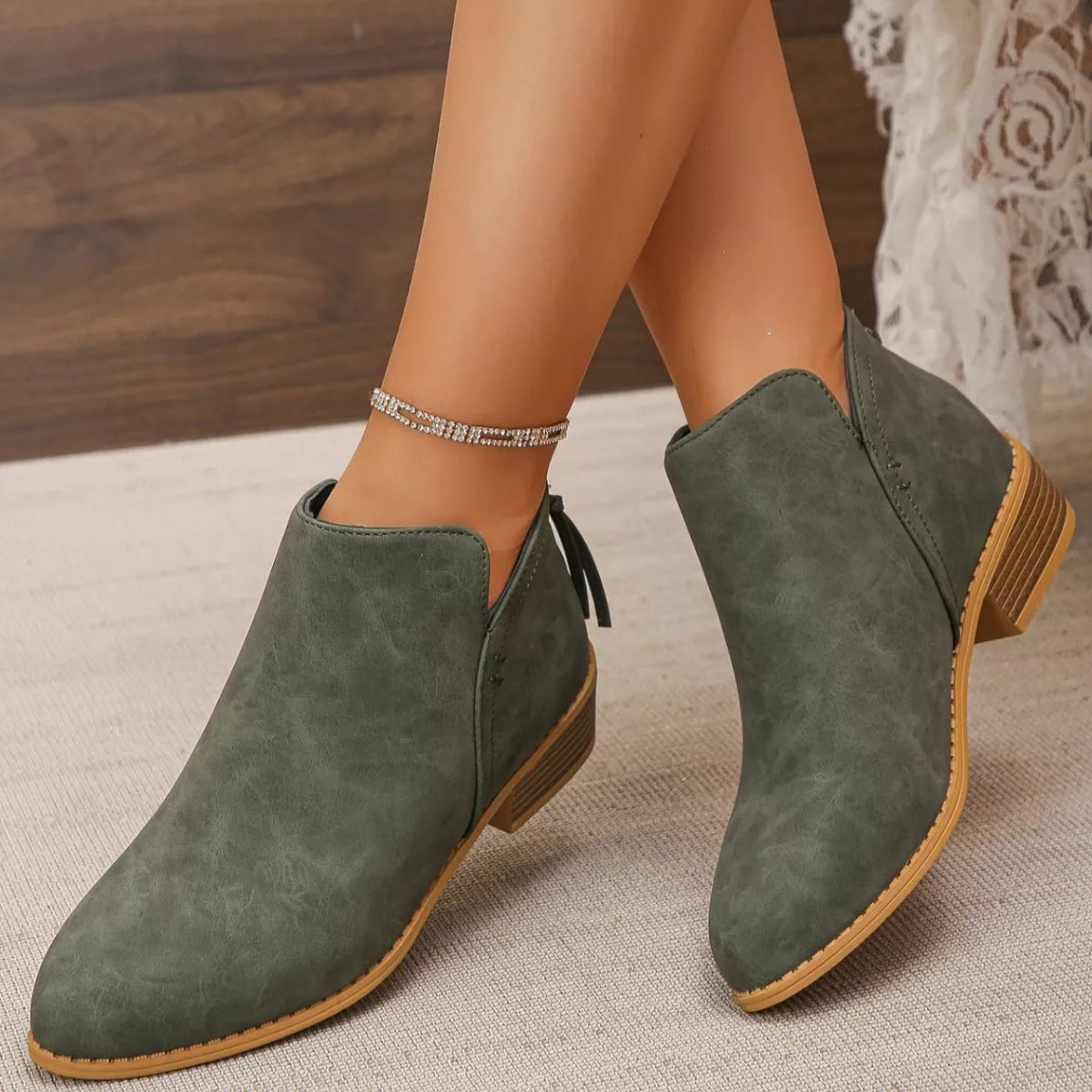 Point Toe Block Heels Boots - Army Green - View 4