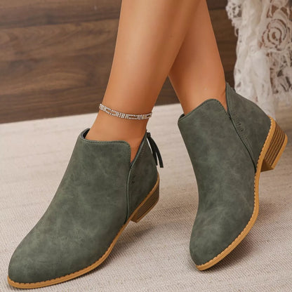 Point Toe Block Heels Boots - Army Green - View 4