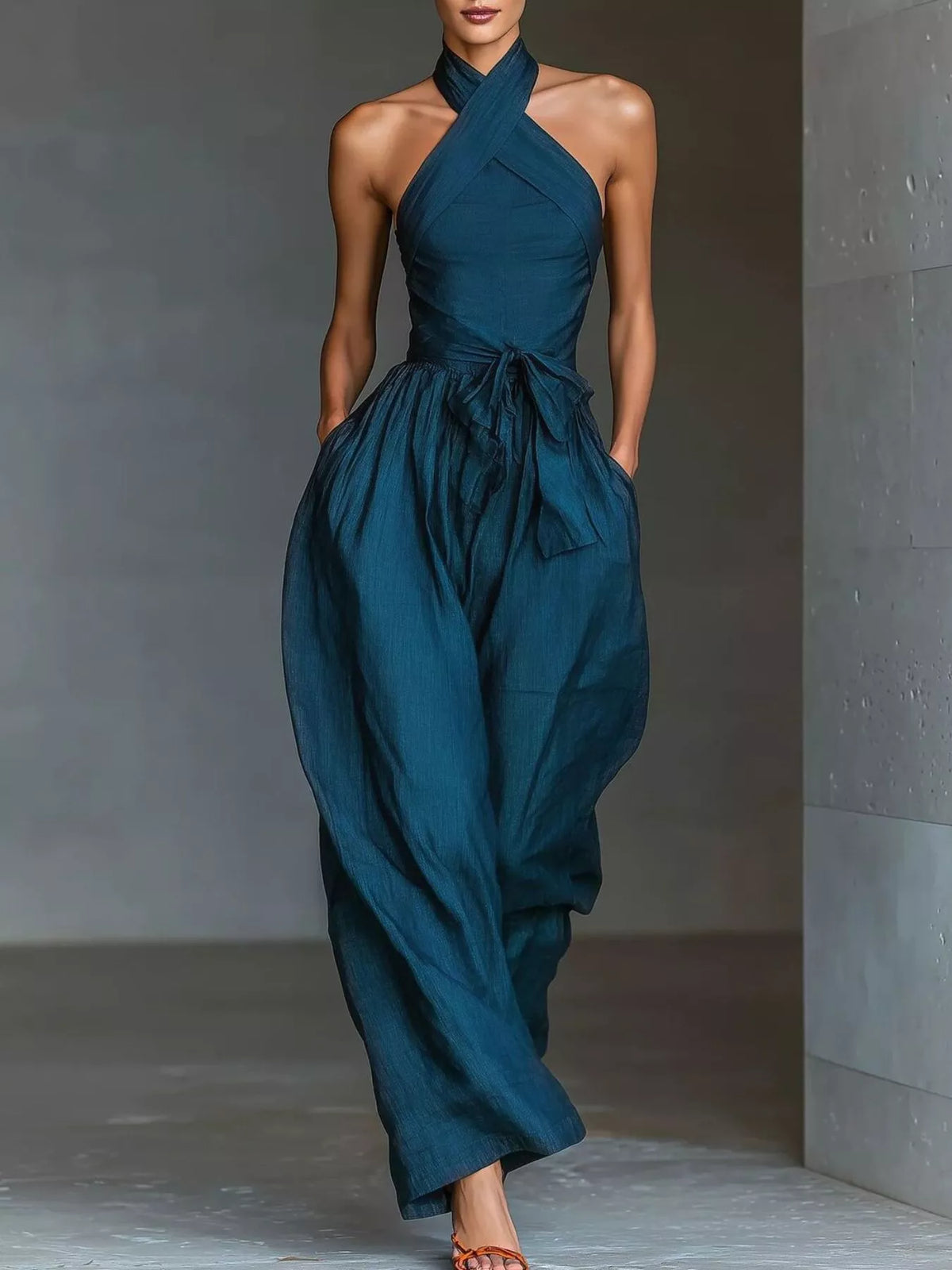 Halter Neck Wide-Leg Jumpsuit with Waist-Tie Detail - Blue - View 1
