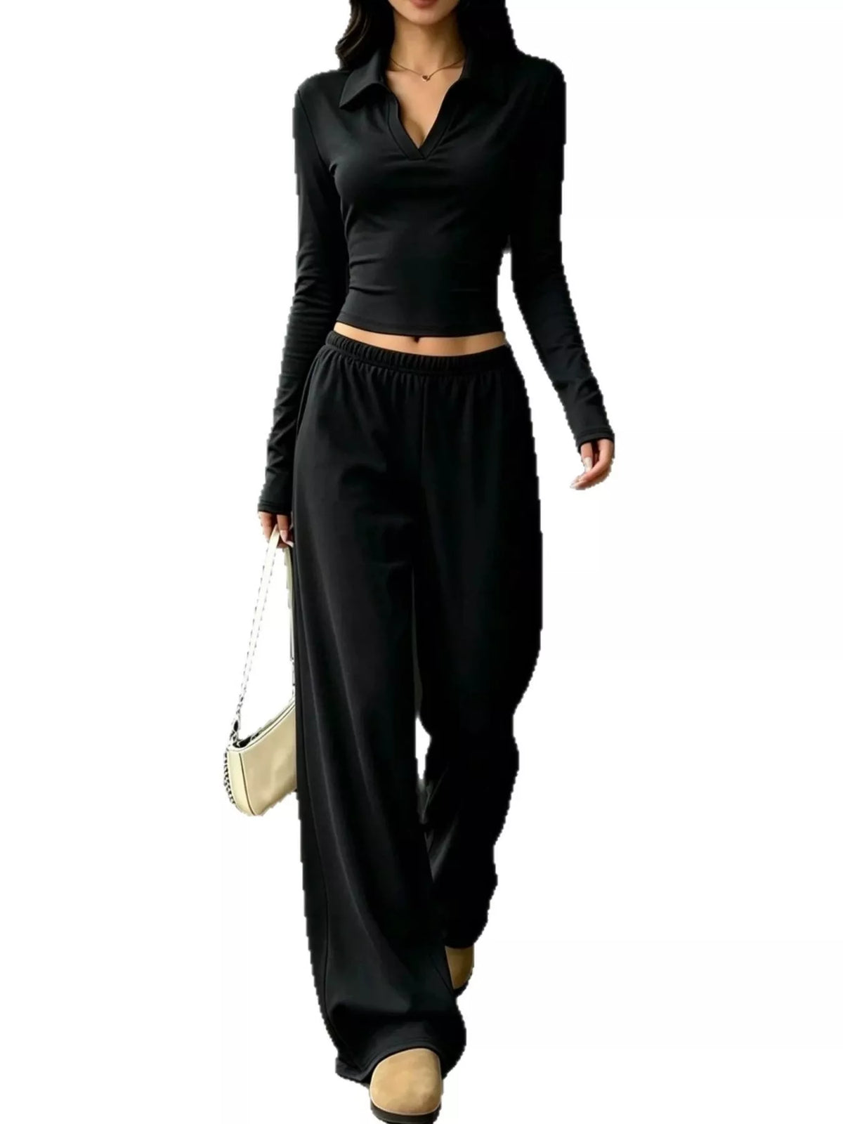 Solid Color Long Sleeve Polo Collar Top and Wide Leg Pants Set - Black - View 2