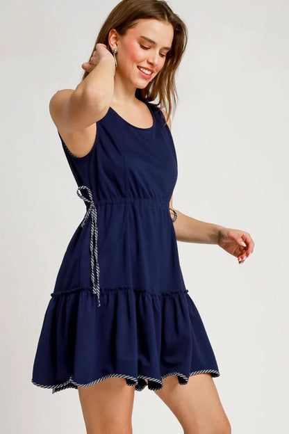 Umgee Frill Drawstring Waist Round Neck Mini Tank Dress - Dark Navy - View 3