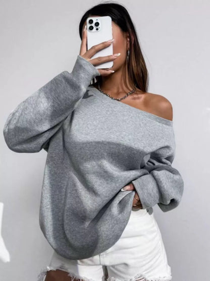 One Shoulder Dropped Shoulder Sweatshirt - Gray - View 4