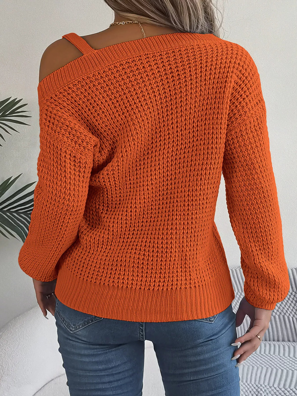 Asymmetrical Neck Long Sleeve Sweater - Orange - View 5