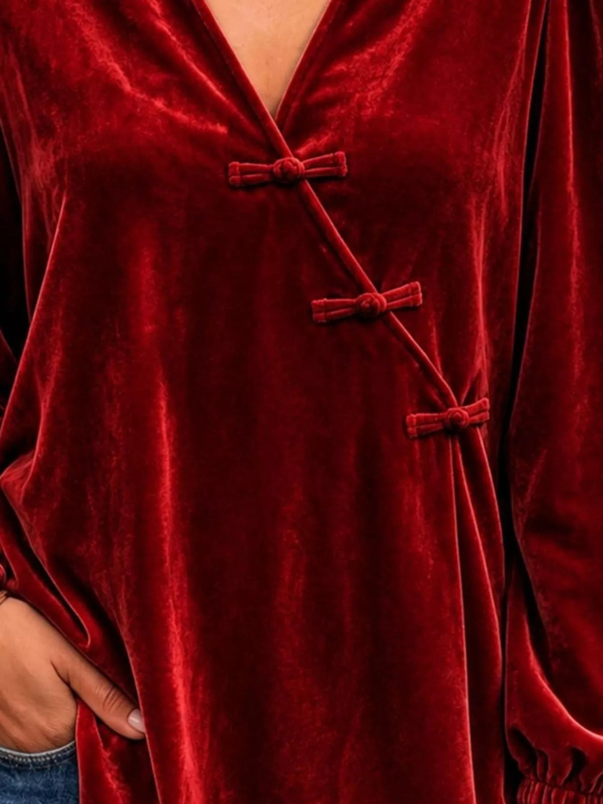 Chinese-Style Knot Buttons Velvet Blouse - Burgundy - View 3