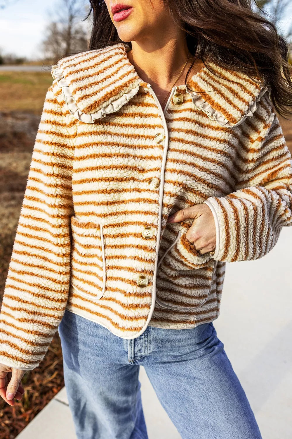 Striped Fleece Button Front Long Sleeve Regular Fit Jacket - Tan - View 1