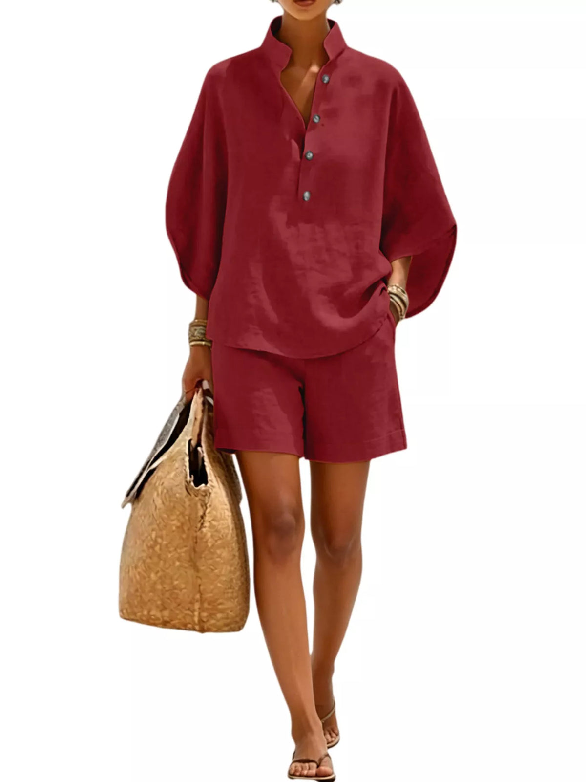 Full Size Button Detail Loose Fit Top and Shorts Set Plus Size - Burgundy - View 1