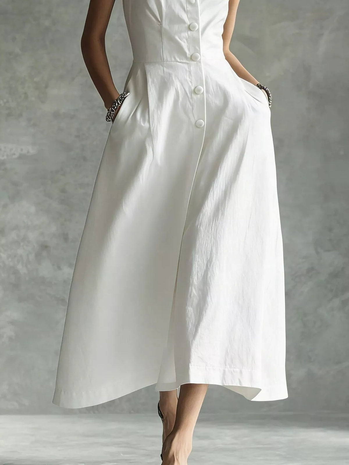 Sleeveless Button-Down Midi Shirt Dress - White - View 8