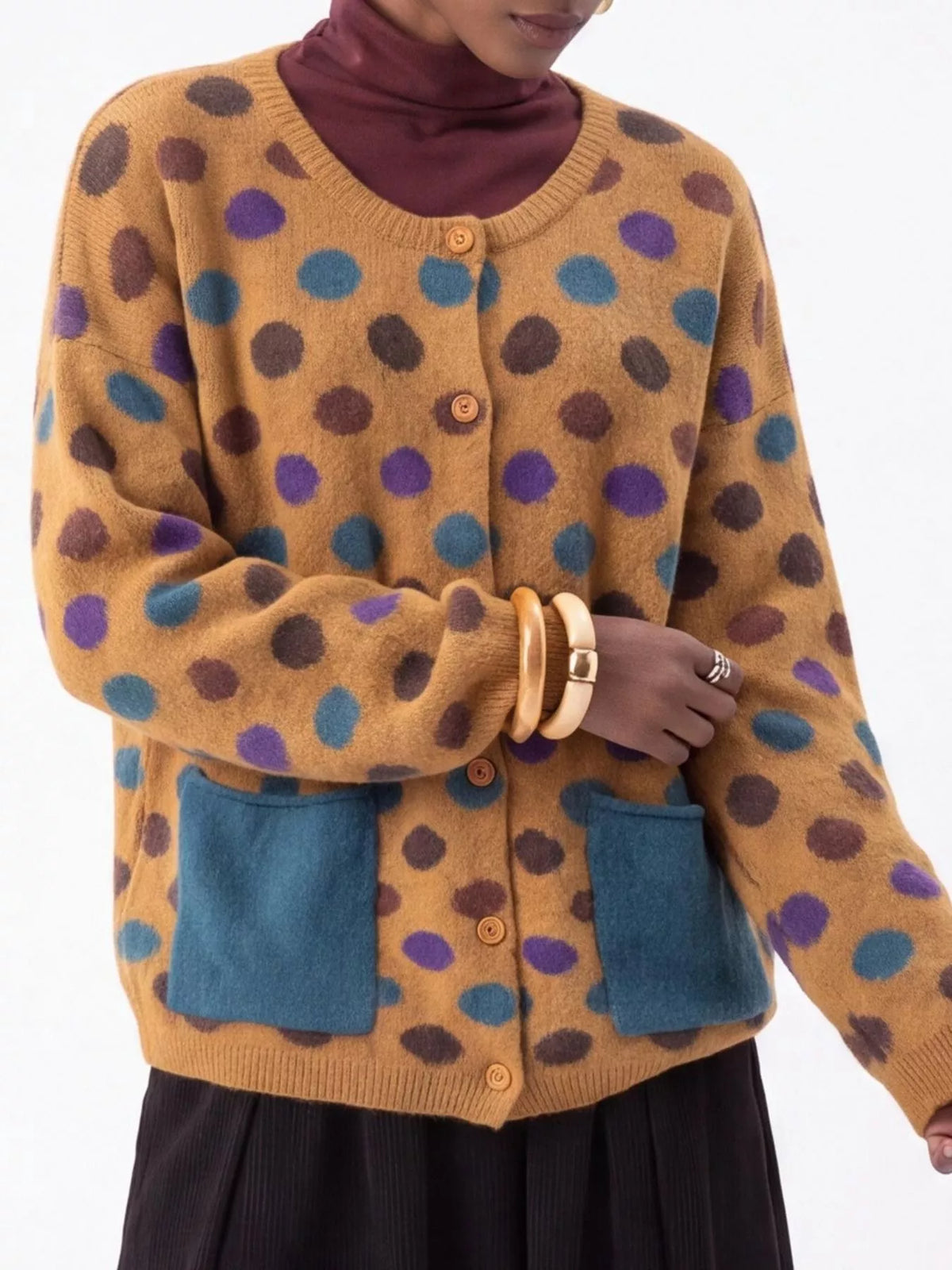Full Size Polka Dot Button Down Cardigan Plus Size - Mustard - View 2