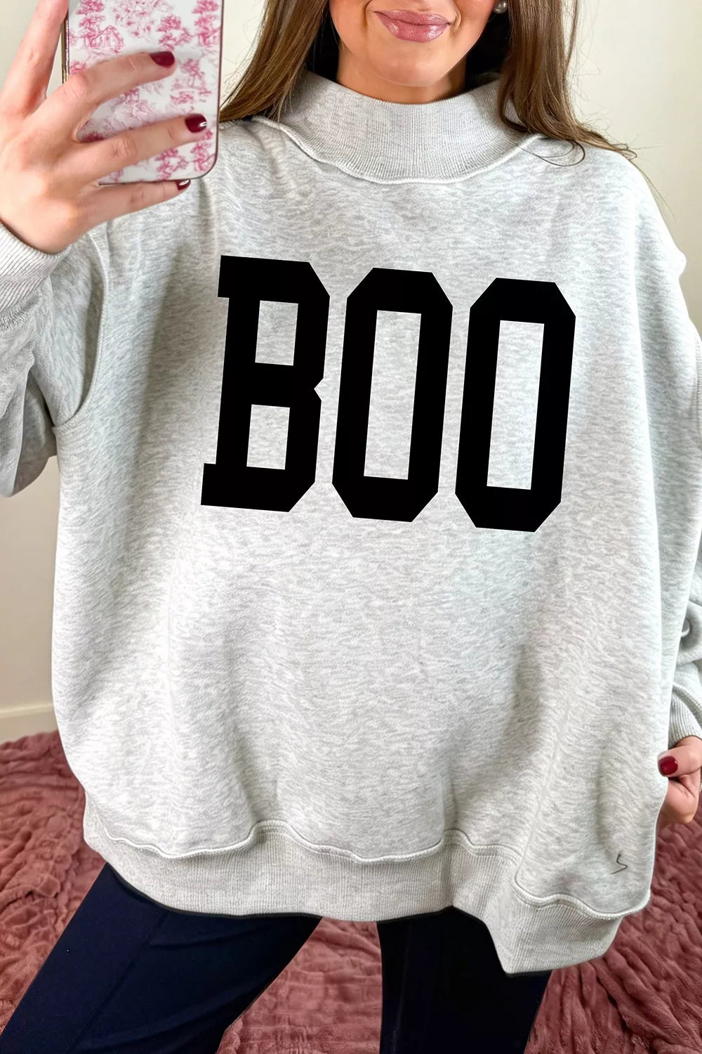Halloween BOO & Bat Printed Reversible Mock Neck Sweatshirt - Light Gray - View 6
