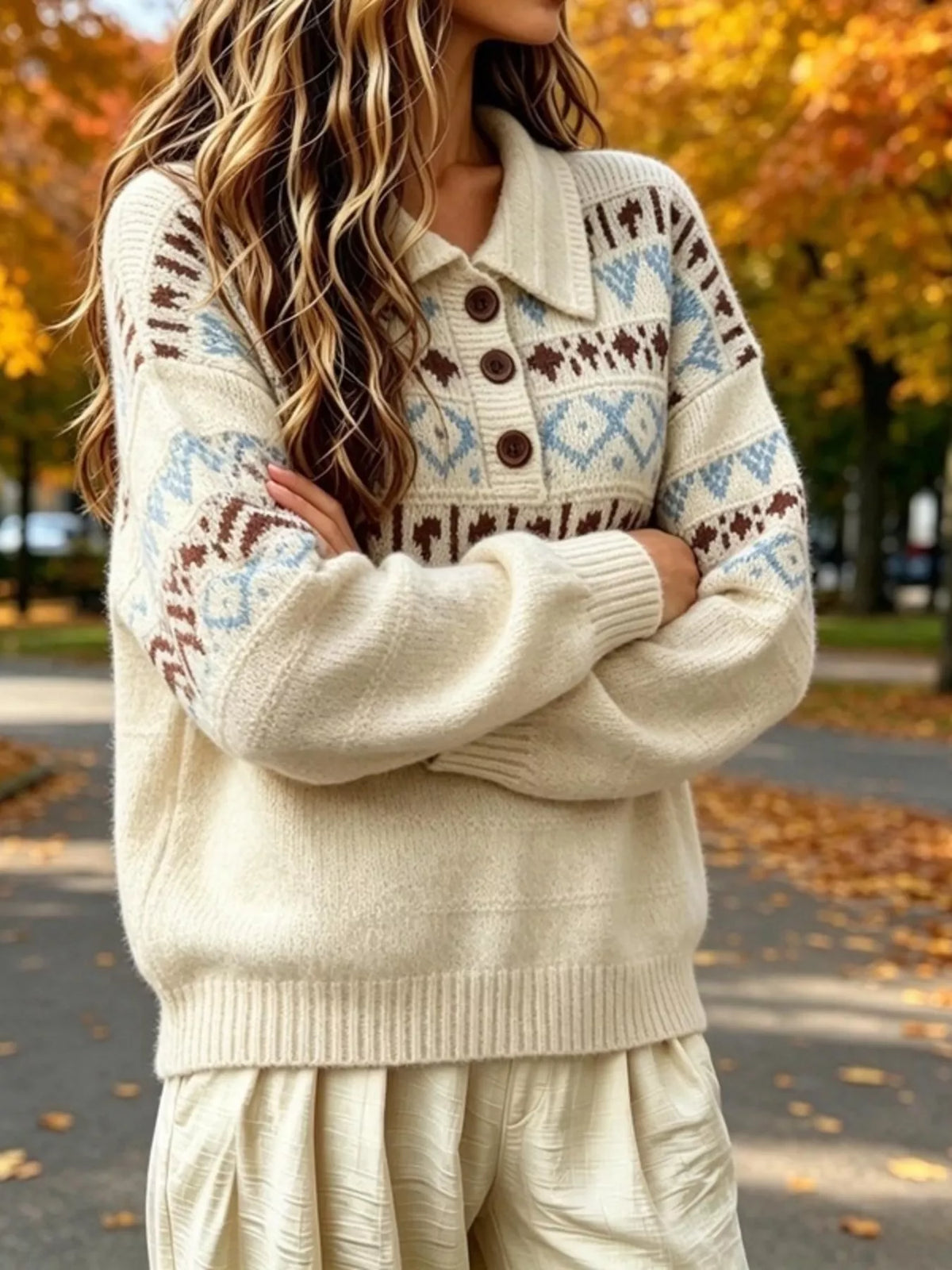Full Size Vintage Fair Isle Pattern Polo Collar Sweater Plus Size - Beige - View 4