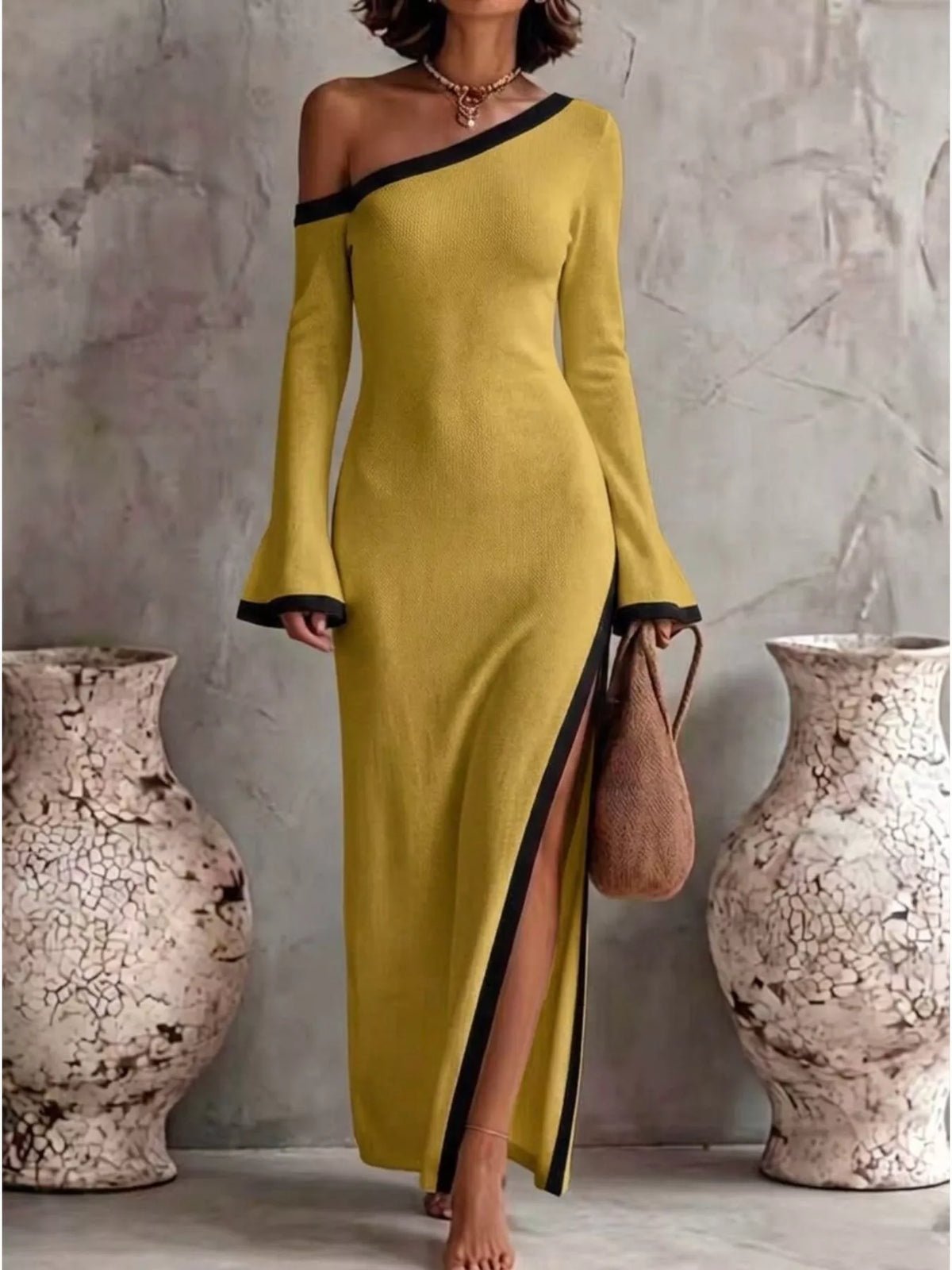 Slit One-Shoulder Contrast Trim Maxi Dress - Mustard - View 1