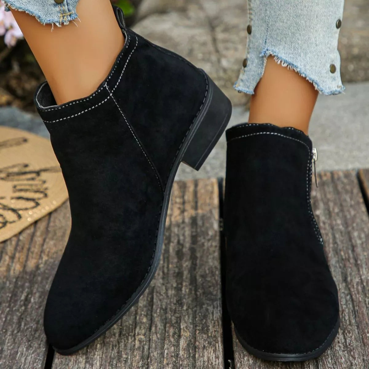 Point Toe Block Heels Boots - Black - View 6