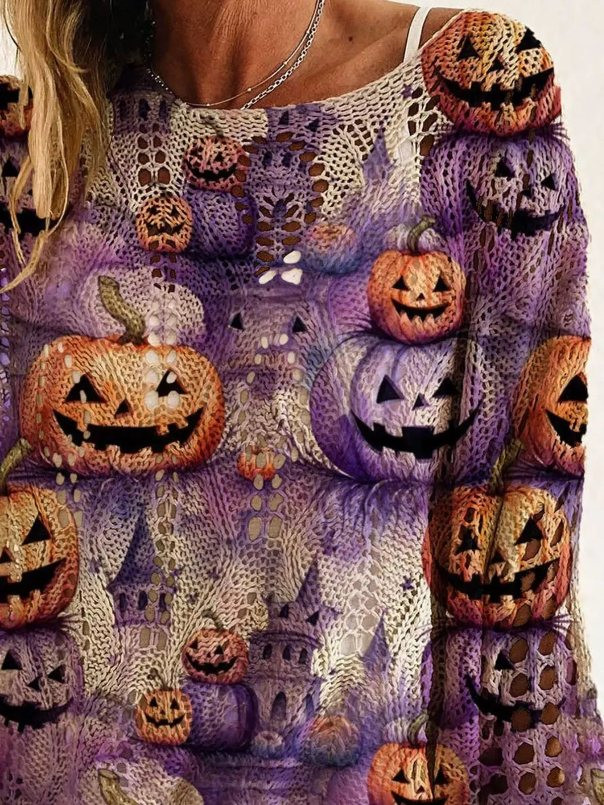 Full Size Halloween Pumpkin Loose Knit Cover Up Plus Size - Purple - View 2