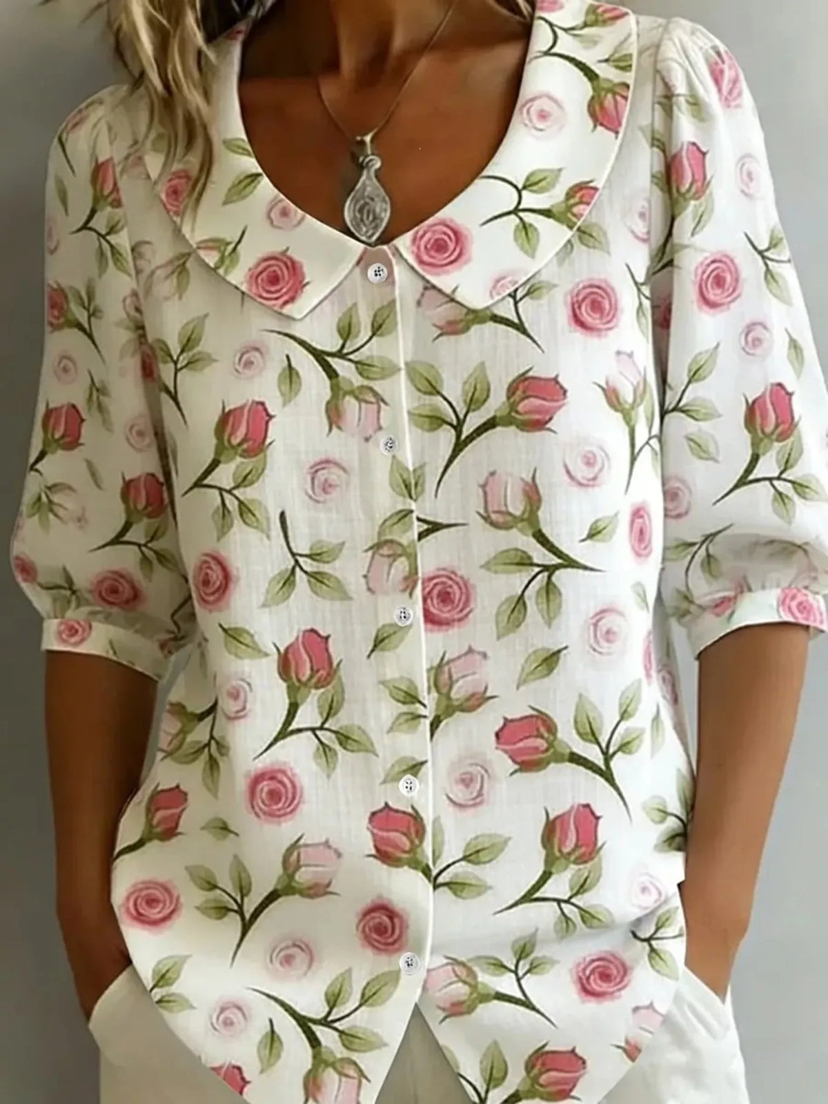 Daisy Print Peter Pan Collar Button-Down Shirt - Floral - View 1
