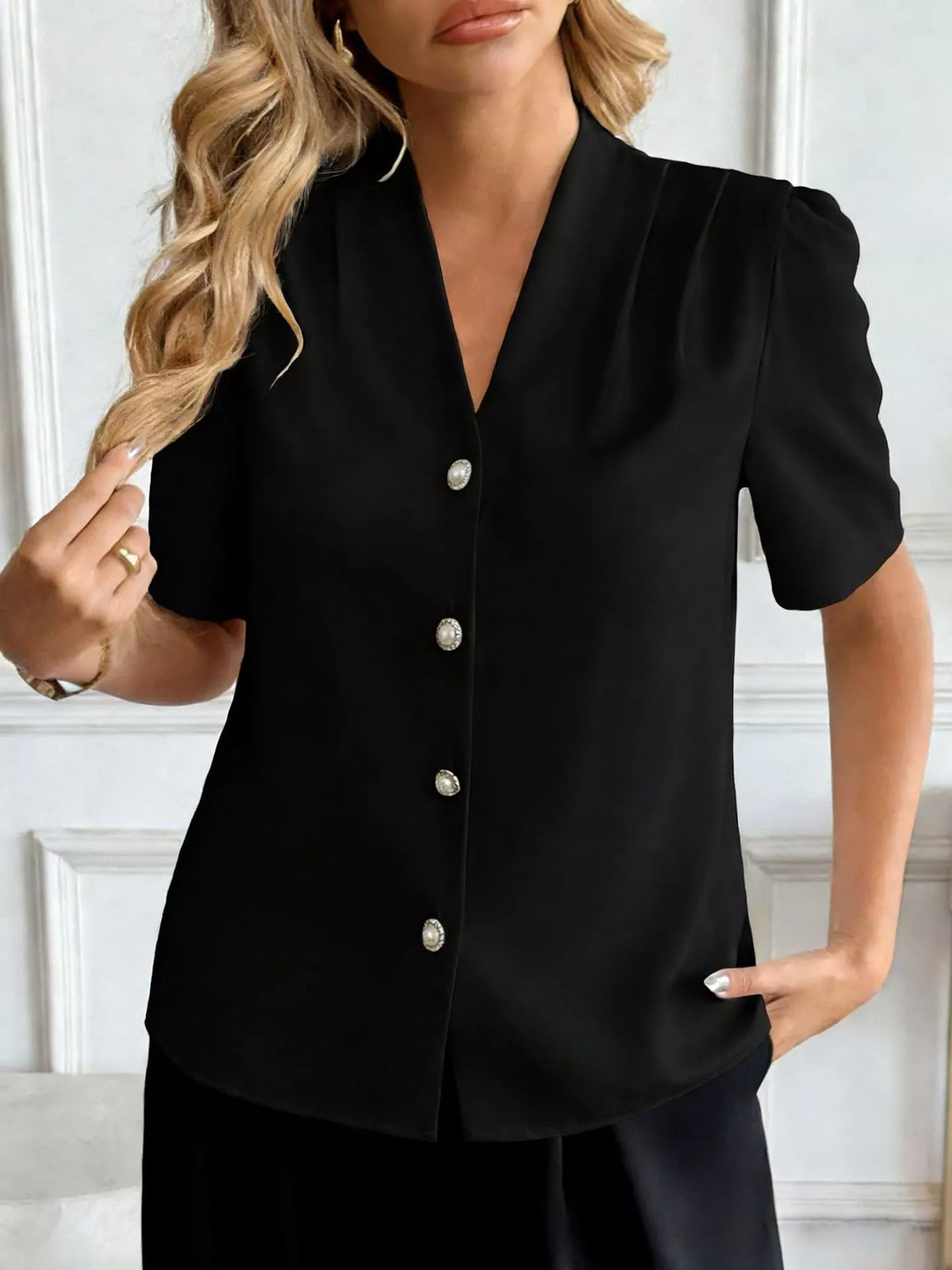 V-Neck Button-Down Shirt - Black - View 12