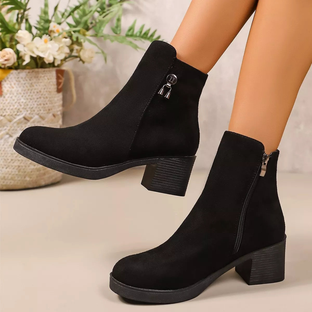 Point Toe Block Heels Boots - Black - View 1