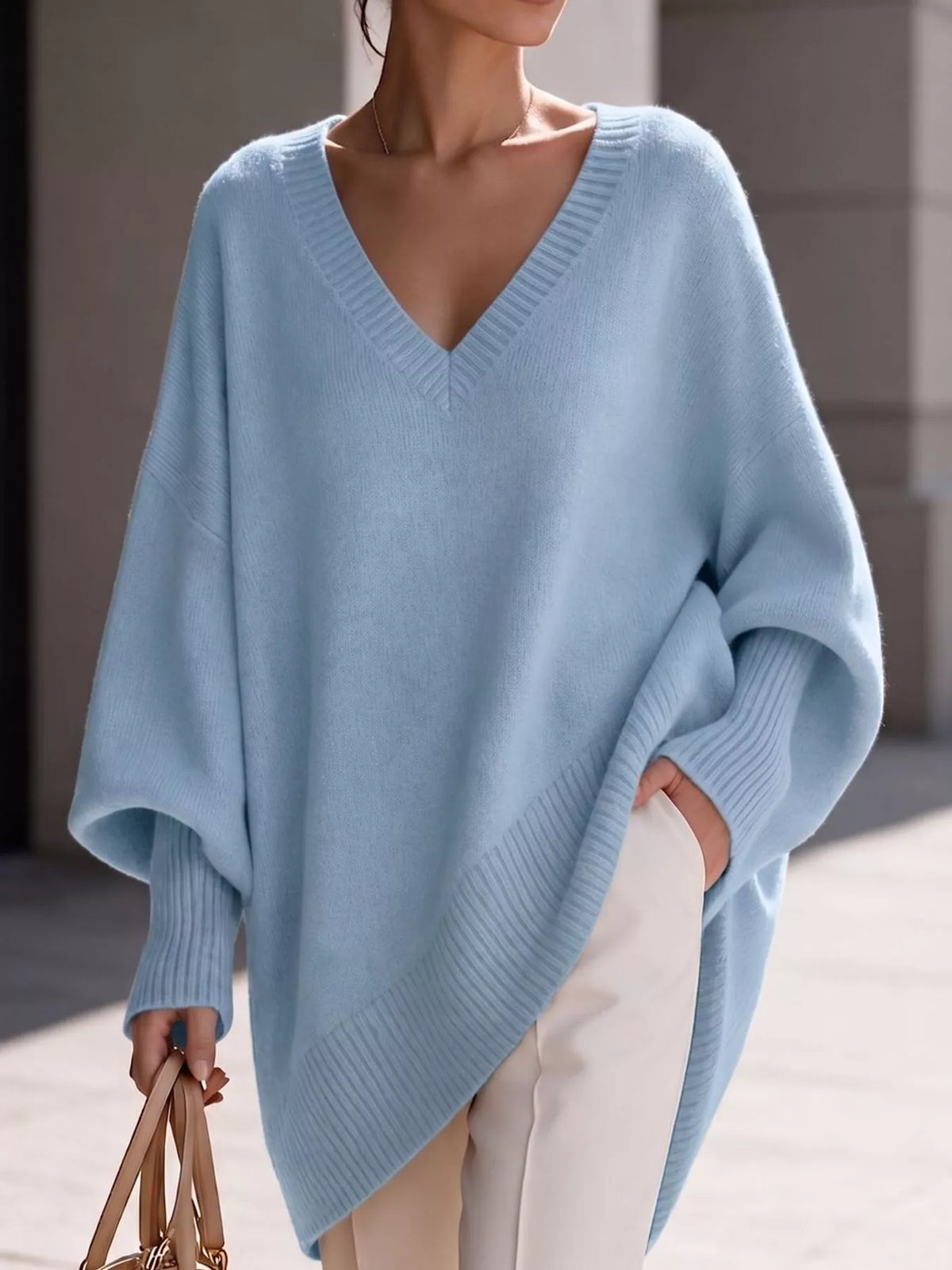 Full Size V-Neck Oversized Batwing Sleeve Sweater Plus Size - Light Blue - View 6