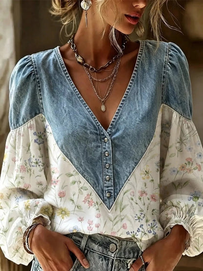 Full Size Denim Patchwork Floral Denim Top Plus Size - White - View 1