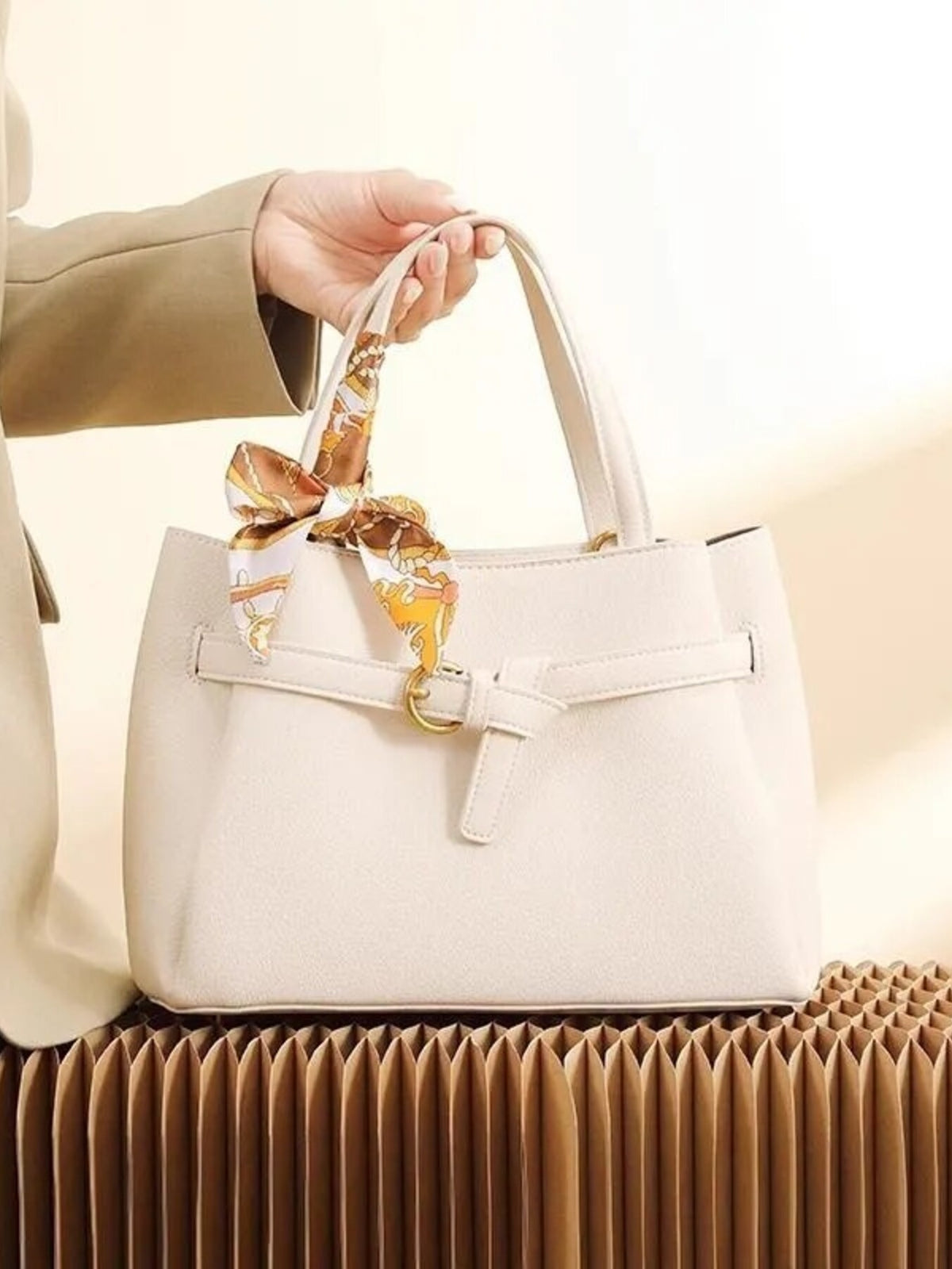 Leather Top Handle Handbag - White - View 4